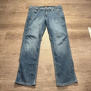 DUER Jeans Mens 36 Blue Denim Slim Straight 36x31 Fade Whiskers Casual Adult